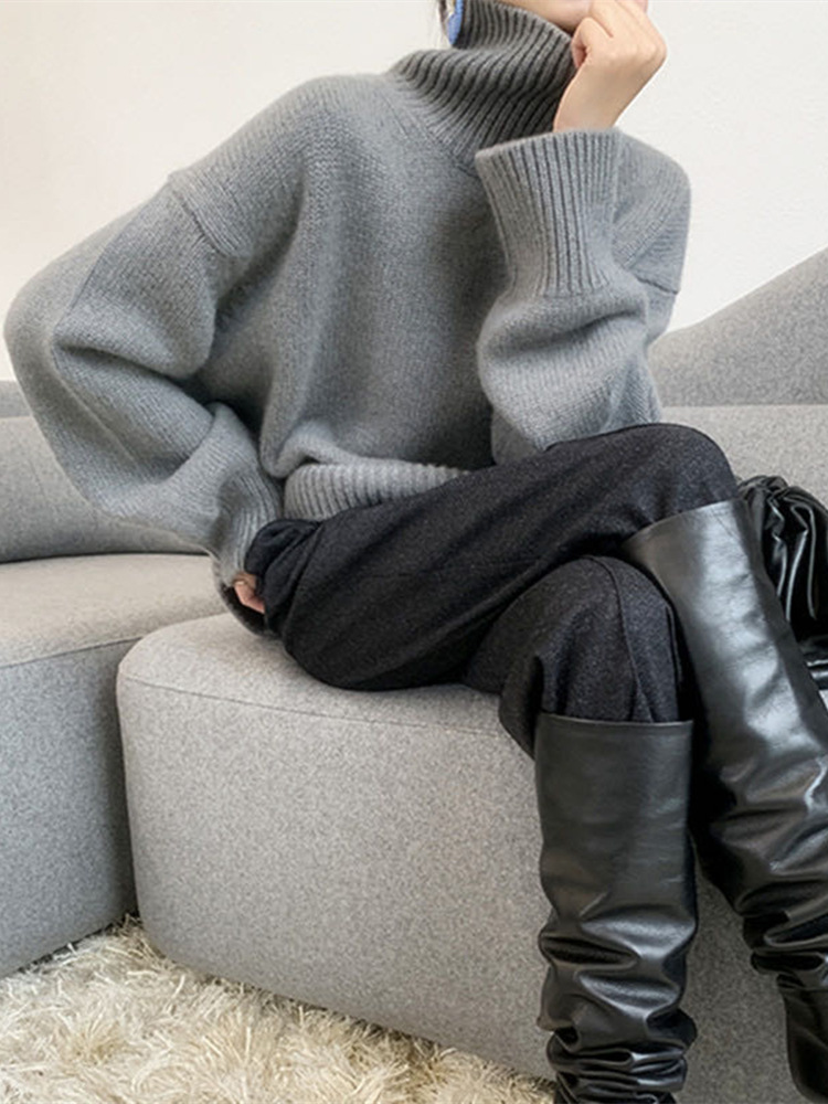 High neck soft glutinous women's pullover for 2024 autumn winter, loose and versatile, lazy style knitted base sweater_voghion.com