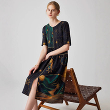 祝锦天香大码国风印花真丝连衣裙成熟优雅中大淑服饰女装撤柜尾货