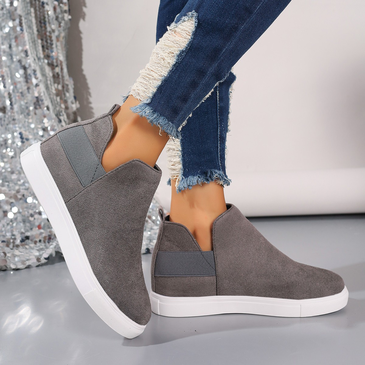 Large size women's shoes flat inside increase elastic casual sports shoes flat single shoes_voghion.com