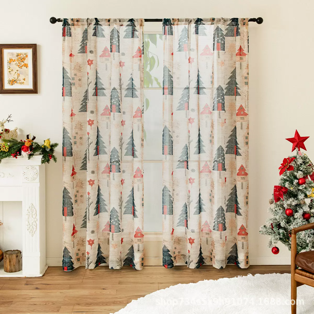 跨境专供浪漫时尚窗纱印花花卉窗帘窗纱客厅卧室窗纱穿杆