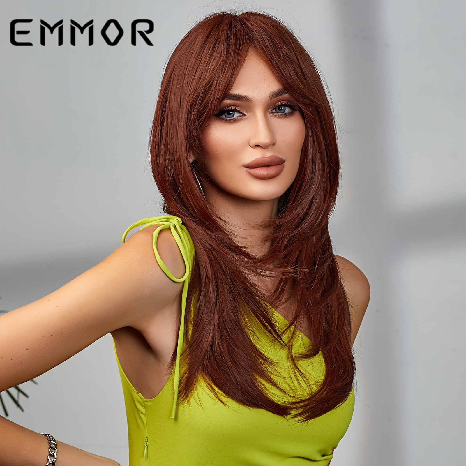 EMMOR Amazon nuevo gradiente de longitud media multicolor de ocho caracteres Bangs europeo y americano de fibra química de alta temperatura Peluca de seda cabeza completa