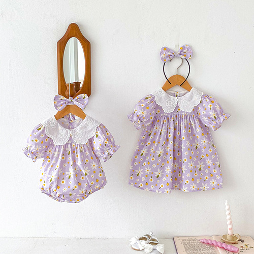 24 Summer Baby Clothes Girls' Turn-down Collar Climbing Suit Potty Pants Girls' Purple Princess Short-sleeved Dress Sister Set