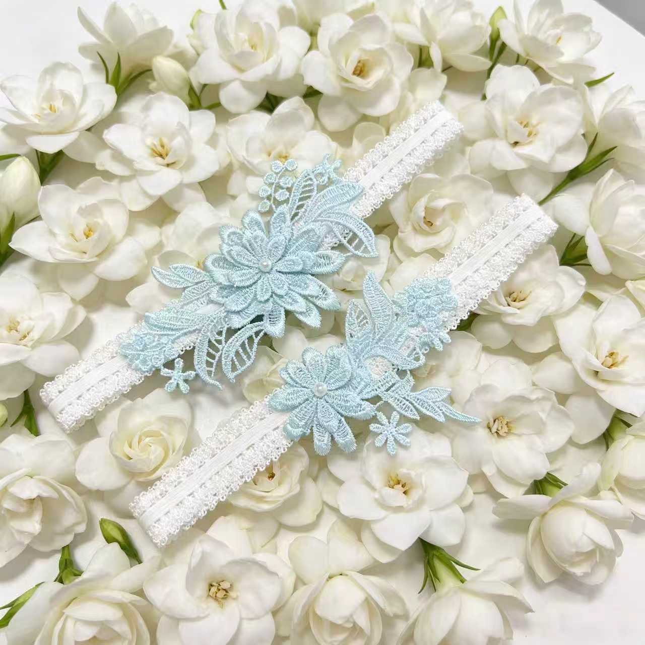 European and American cross-border bridal garter belt, sky blue lace garter belt, elastic thigh ring, wedding accessory elastic garter belt