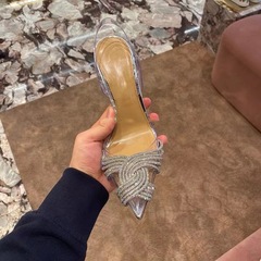 PVC transparent sandals Baotou cross rhinestone high heels 23 spring and summer new style back empty shallow mouth sweet banquet wedding shoes