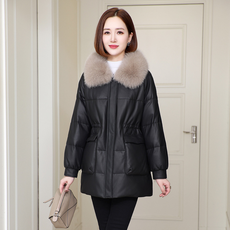 2025 Genuine Sheepskin Leather down Jacket Spring Fox Fur Collar Mid-Length Goose down Coat Women's Versatile