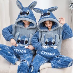 Autumn and winter coral fleece men's and women's pajamas long-sleeved hooded cartoon flannel thickened couples home clothing warm suit
