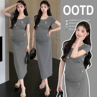 2025 Summer Maternity Wear Fashionable Belly Covering Slimming Heavy Industry Temperament Short Sleeve Maternity Dress