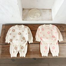 ins韩版女童宝宝纯棉花朵毛织套装婴幼童宽松毛衣上衣宽松长裤