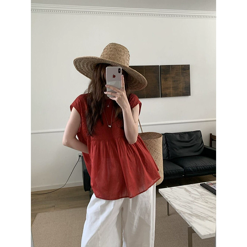 OK-160 французская супер-фея, уменьшающая возраст красная рубашка с круглым вырезом для женщин, летняя новая мода, нишевый дизайн, с короткими рукавами