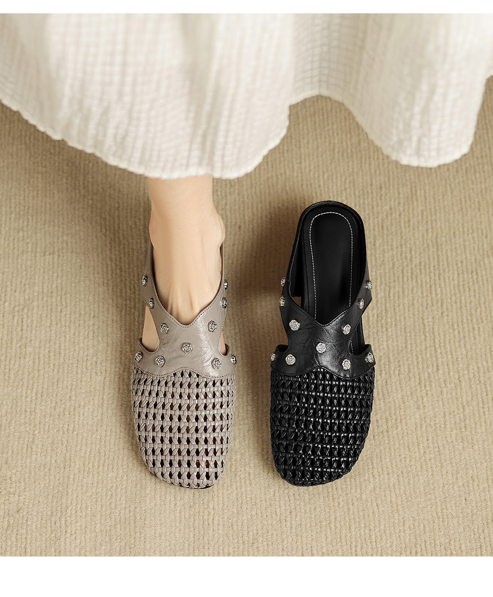 Dép sandal nữ quai chữ V phong cách vintage, mũi kín, đế xuồng thoải mái — đen chi tiết 2