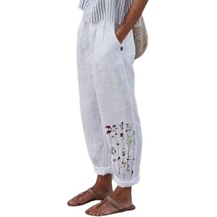 2022 Autumn Cross-border New Amazon wish European and American Sweet Fresh Printed Cotton and Linen Loose Leg Casual Pants