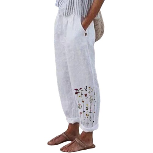 Autumnwish European and American Sweet Fresh-style Printed Cotton-Linen Elastic-Drawstring Casual Pants