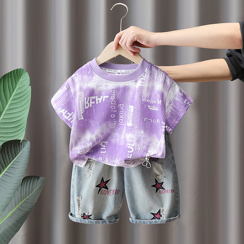 7277 Traje de camiseta de manga corta para niños 2025 nueva ropa delgada de verano para niños, traje de verano de dos piezas de verano