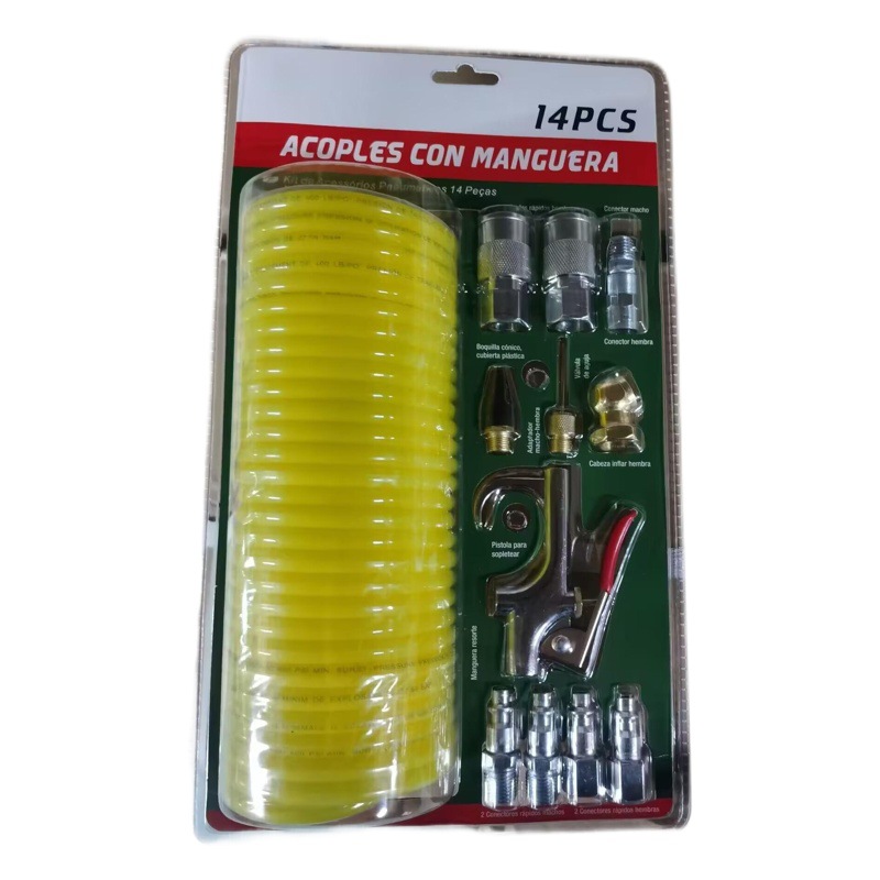 Juego de 14 piezas de herramientas neumáticas con descuento, juego de pistola para soplar polvo, juego de tuberías de PE, juego de conectores americanos de 1/4NPT