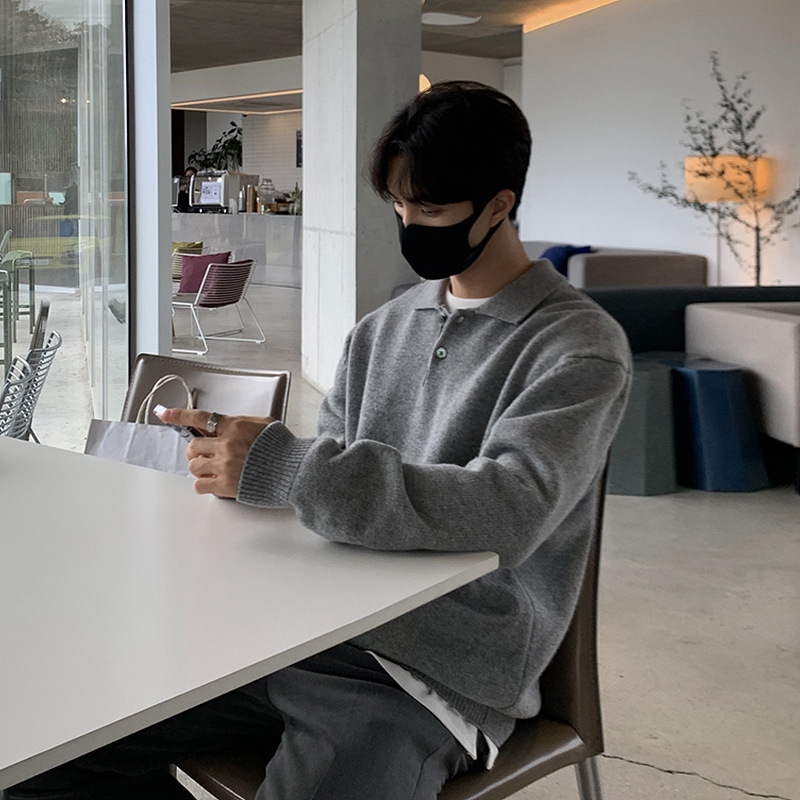 Lapel Polo Shirt Knitwear Men's Loose Korean Style Versatile Pure Color Bottoming Knitwear Top Jacket Loose Version