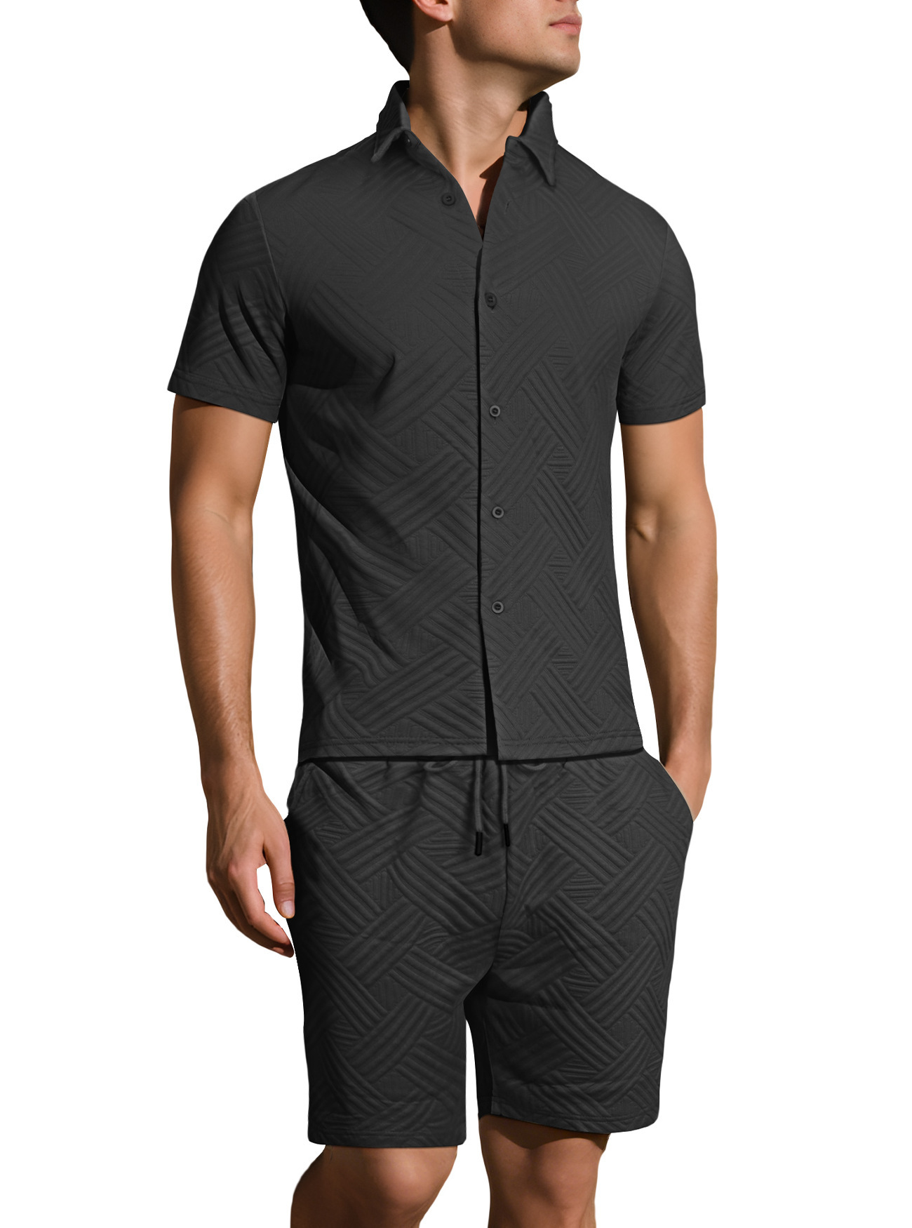 Oferta de verano transfronteriza de Amazon: Nuevo conjunto de dos piezas para hombre, camisa jacquard de color sólido y pantalones cortos casuales de manga corta.