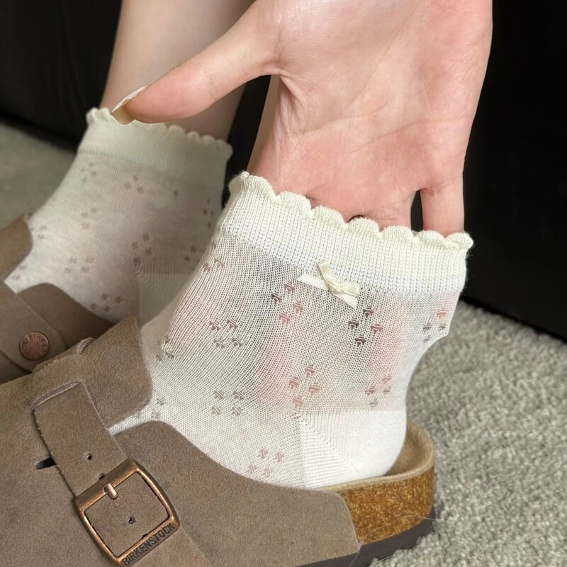 Bowknot Socks for Women, Summer Thin Hollow Mesh Cotton Socks, Sweet Ballet Style Lace Four-Leaf Clover Short Socks