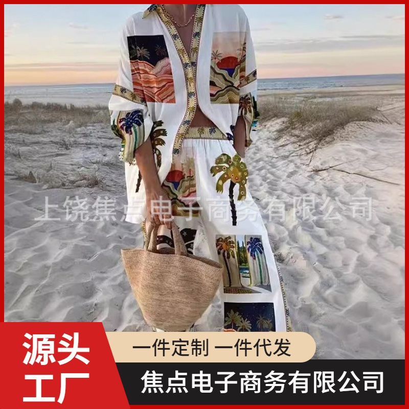 2024 Cross-Border Amazon Aliexpress 3D Digital Printing Fashion Women's Long-Sleeved Shirt Long Pod One-Piece Custom