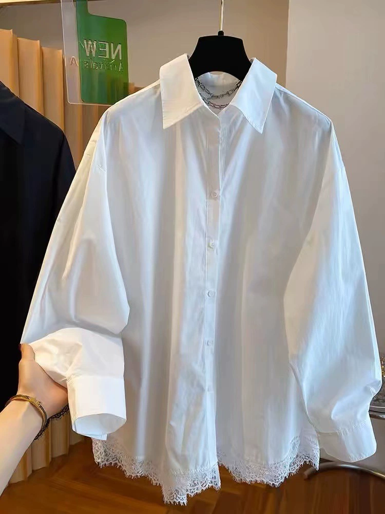Кружевная белая хлопковая рубашка весной, (Cross-border торговля), оверсайз