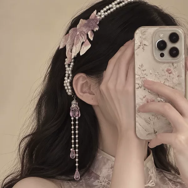 2026 new purple embroidered koi fish tassel handmade hair chain, new Chinese-style ancient hair accessory, Hanfu headband