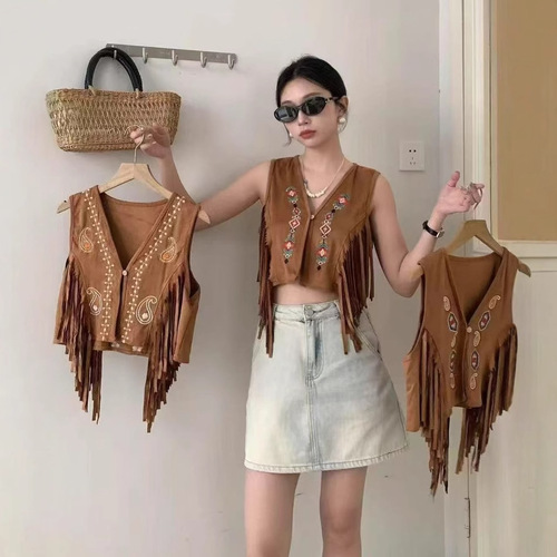 Ethnic Style Vintage Suede Vest for Women with Embroidery, Paired with Skirt and Outerwear, Bohemian Fringe Cardigan