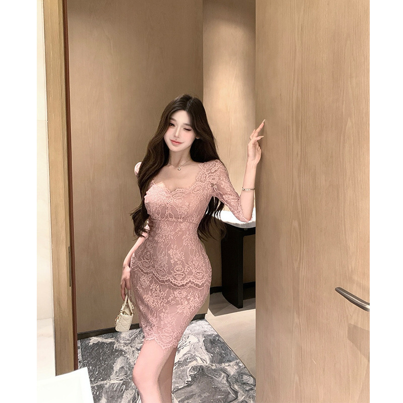 昕可达 娇娇感 法式优雅气质修身中裙包臀蕾丝连衣裙女|undefined
