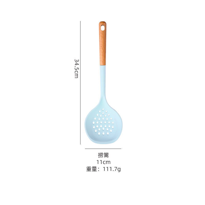 Suministros de cocina cara sonriente mango de madera de estilo europeo sartén antiadherente espátula de silicona conjunto de 10 piezas azul traje de utensilios de cocina resistente a altas temperaturas