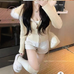 【鸿枫】2025新款连帽真狐狸大毛领针织皮草开衫女春秋短款时尚显