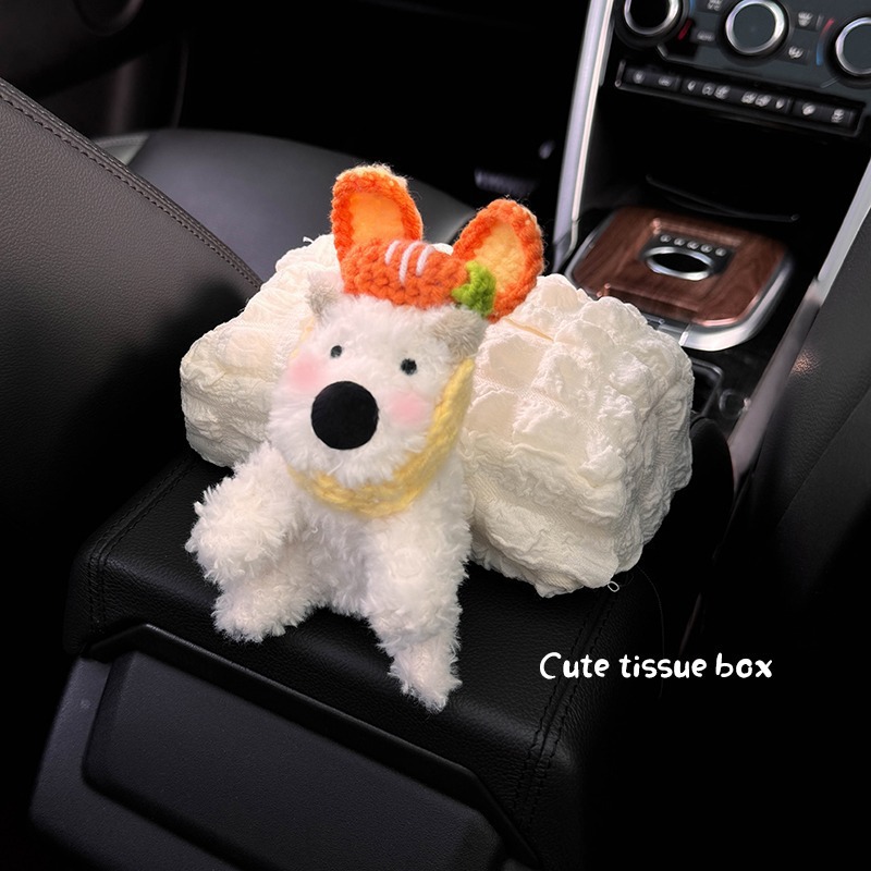 Caja de reposabrazos Caja de pañuelos Caja de dibujo para coche 2024 Nueva muñeca West Highland Decoración de coche Bolsa de pañuelos Mujer linda