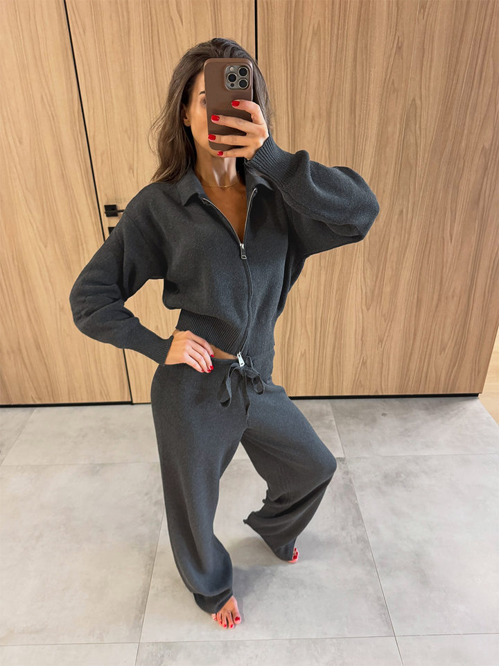 Bộ đôi áo cardigan len cổ polo dáng ngắn khóa kéo và quần dài dệt kim dây rút phong cách Âu Mỹ — Màu be, Màu nâu, màu xám, màu đen chi tiết 10