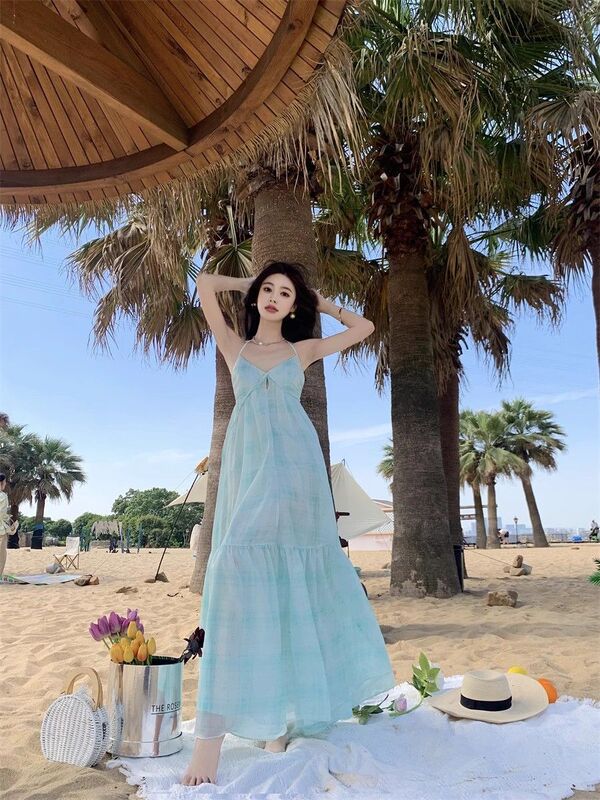 Mint Mambo Seaside Vacation Vibe Beach Dress with a Stylish Halter Neck Design, Fairy-Like Elegance, and a Large Flared Skirt