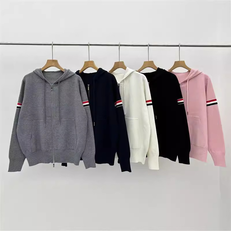 Autumn and Winter New Hooded Zipper Cardigan Loose Casual Double Sleeve Color Strip Long Sleeve Knitted Sweater Jacket Women's Clothing
