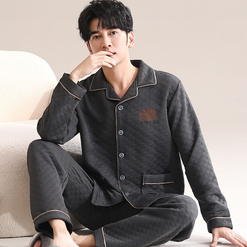 Pijamas sándwich de algodón de aire de otoño e invierno para hombres gruesos, jóvenes y de mediana edad, cálidos y delgados, acolchados se pueden usar afuera, ropa de hogar, invierno