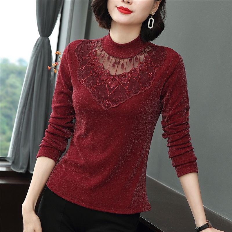 Half Turtleneck Bottoming Shirt for Women, Spring & Fall Lace Long-Sleeved T-Shirt with Inner Shirt, Fashionable and Warm Middle-Aged Mother's Top