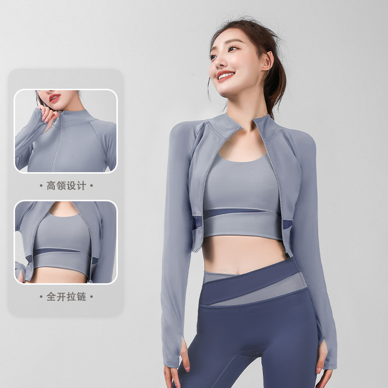 Juyitang Dew Ombligo Color Chaqueta de yoga Ropa de yoga Cuello alto Chaqueta de fitness delgada y desnuda Mujer