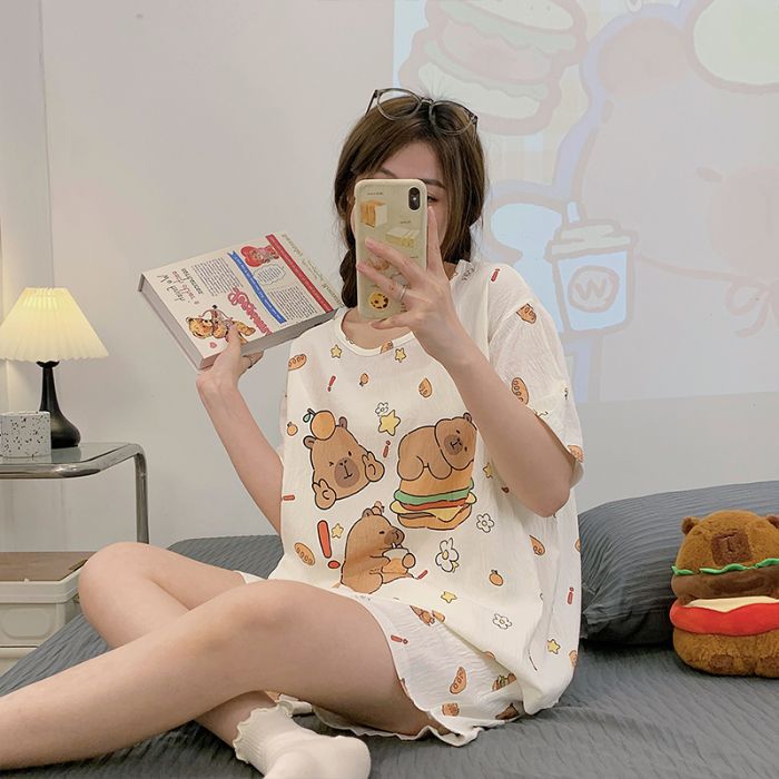 Venta al por mayor transfronteriza de pantalones cortos de manga corta pijamas mujeres nubes algodón verano nuevo estudiante dulce dibujos animados traje de servicio a domicilio oso