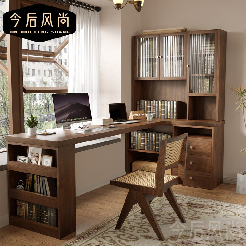 Pure Solid Wood Corner Desk Bookcase Integrated L-shaped Writing Desk Retro Corner Desk Log L Computer Table Pure Solid Wood Corner Desk Bookcase Integrated L-shaped Writing Desk Retro Corner Desk Log L Computer Table