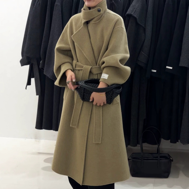 [Kim Min-hee] Stand-up collar, oversized, belted, loose-fitting, double-faced wool coat, autumn/winter women's woolen outerwear