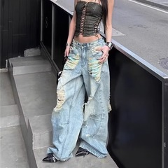 美式复古做旧破洞水洗牛仔裤女夏季新款低腰宽松浅色拖地直筒长裤