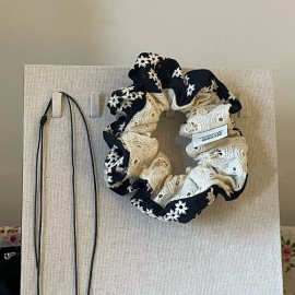 小众民族风棉麻镂空刺绣藏蓝小花拼接褶皱大肠发圈丸子头发绳皮筋