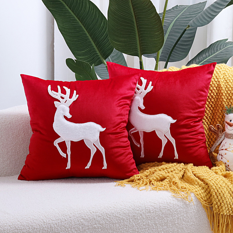 ヘラジカのクリスマスツリーブロンズ枕カバー、秋冬スノーフレーク刺繍クッションカバー45*45、クロスボーダーホットセール|undefined