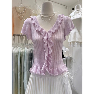 2025 New Summer Knitted Knitwear with Short Sleeves, Slimming Look Ruffles, Unique and Super Nice Single Top, Beautiful