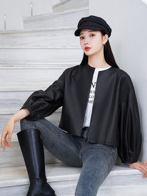 2021春秋新款小個子短款綿羊皮皮衣女高腰泡泡燈籠袖真皮夾克外套
