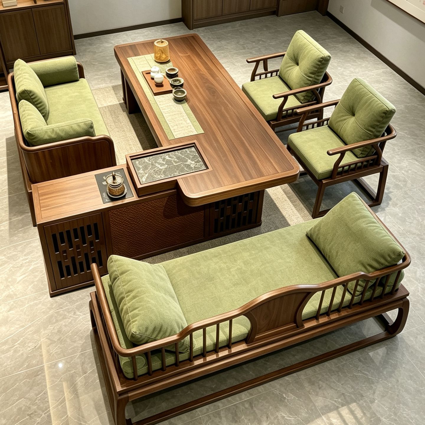 Song-Style North American Black Walnut Tea Table and Luohan Bed Combination, New Chinese-Style Large Tea Table for Home Use, Living Room Tea Table and Chairs