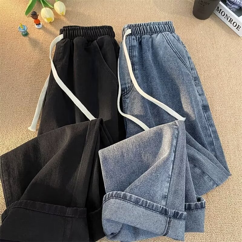 Tight Waist Drawstring Jeans Men's Pants for Teenagers Spring and Autumn oversize High School Students Loose Straight Casual Pants Tight Waist Drawstring Jeans Men's Pants for Teenagers Spring and Autumn oversize High School Students Loose Straight Casual Pants