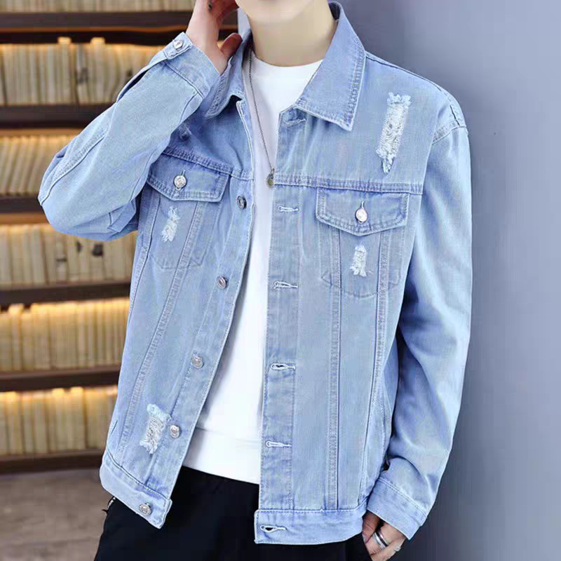 American Retro Ripped Denim Jacket, Light-Colored Autumn and Winter New Style Top, Korean Style Trendy Coat, Men's Style American Retro Ripped Denim Jacket, Light-Colored Autumn and Winter New Style Top, Korean Style Trendy Coat, Men's Style