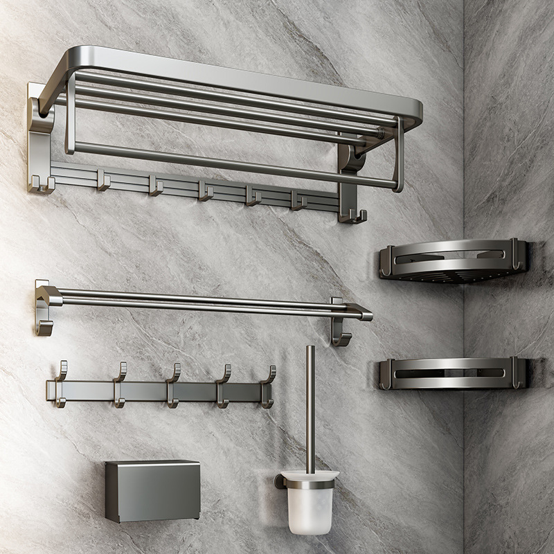 Gunmetal Space Aluminum Towel Rack, No-Drill Storage Rack, Wall-Mounted Organizer, Bathroom Accessory Set, No-Drill, Cross-Border Gunmetal Space Aluminum Towel Rack, No-Drill Storage Rack, Wall-Mounted Organizer, Bathroom Accessory Set, No-Drill, Cross-Border