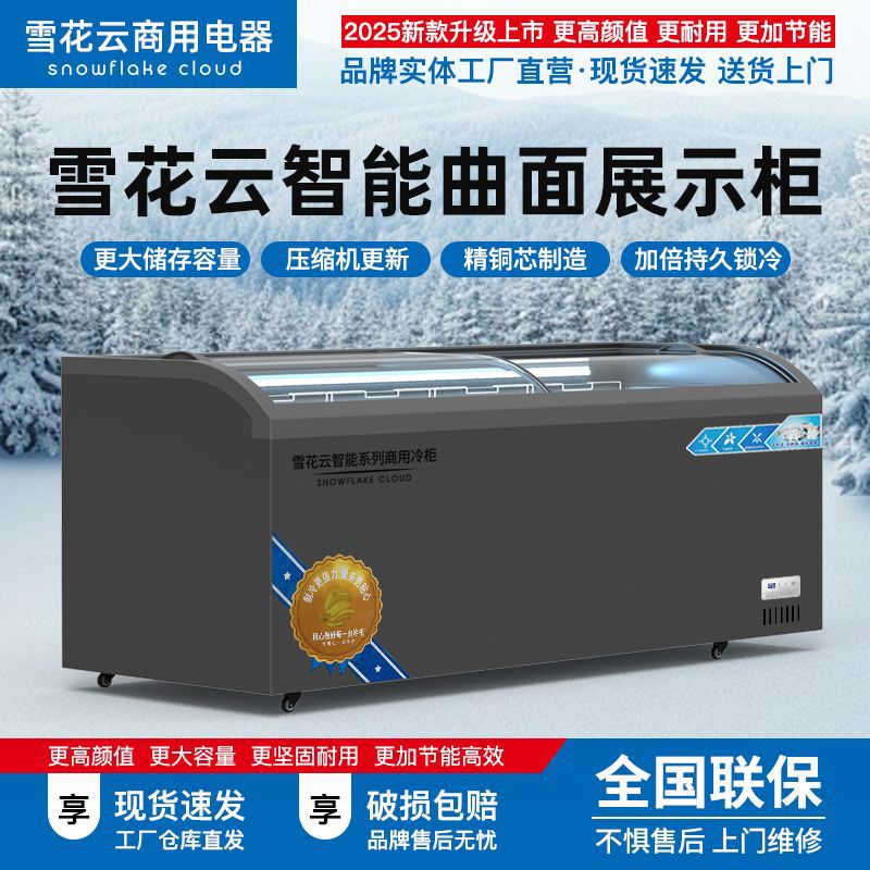 雪花云玻璃门曲面柜大容量卧式单温冷藏冷冻超市展示柜商用冷链