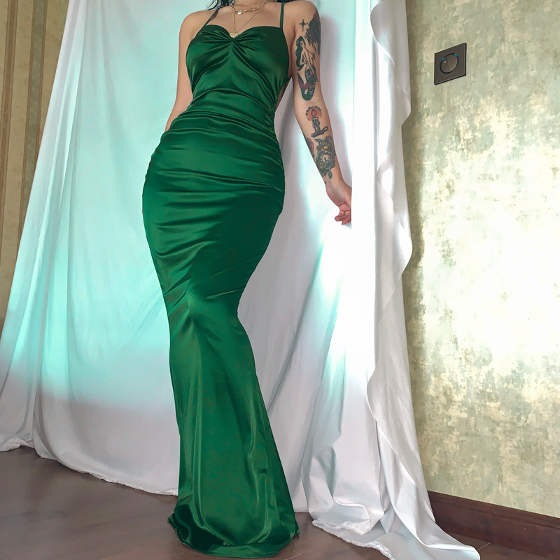 backless sleeveless pleated lace-up suspenders prom dress NSYOM112002