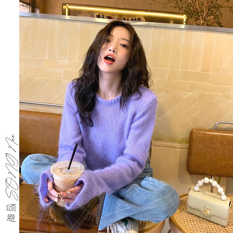Lightweight New Purple Short Knitted Women's Top Korean Style Loose Slimming Versatile Internet Celebrity Same Style Sweater for Women